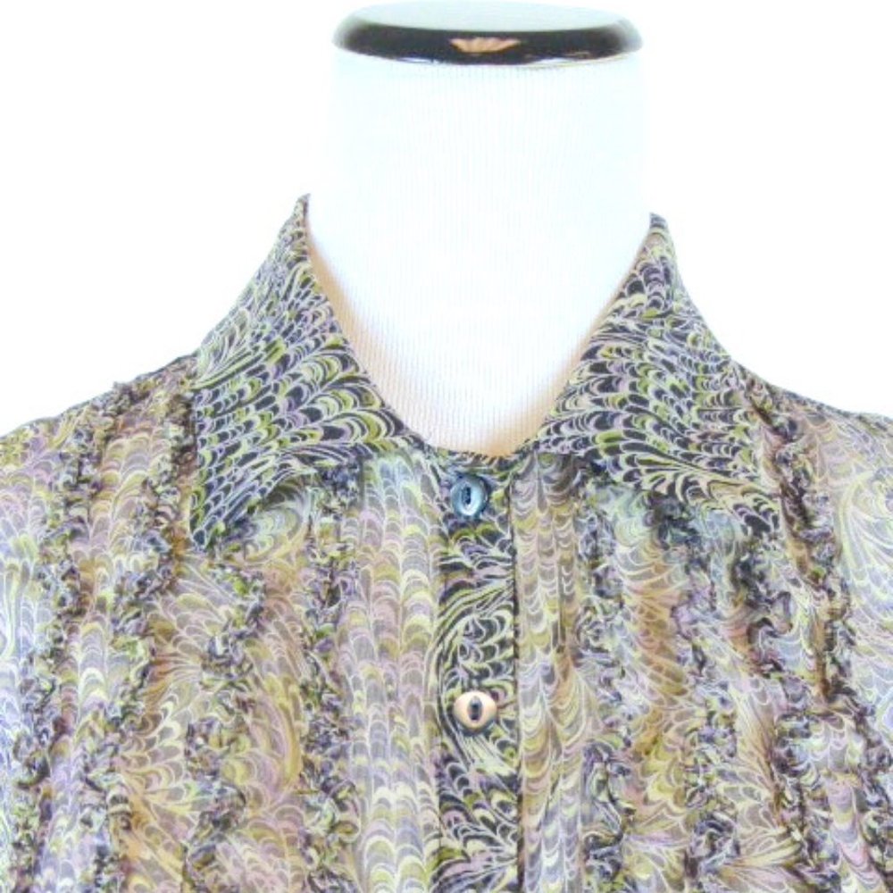 BETH BOWLEY sheer black purple silk button up shirt ruffles top USA M